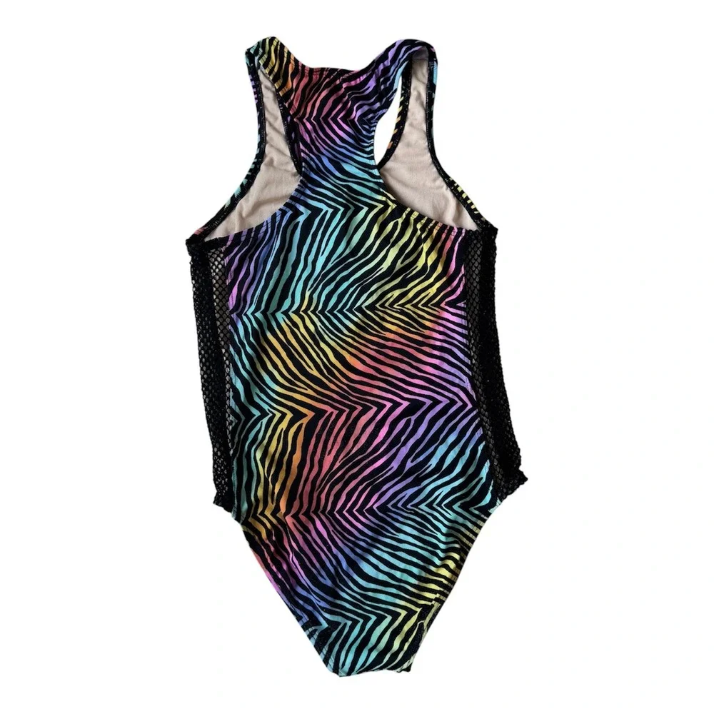 Vintage Y2K Rainbow Zebra Print Girls One Piece Swimsuit‎ Size 12 Mesh Trim